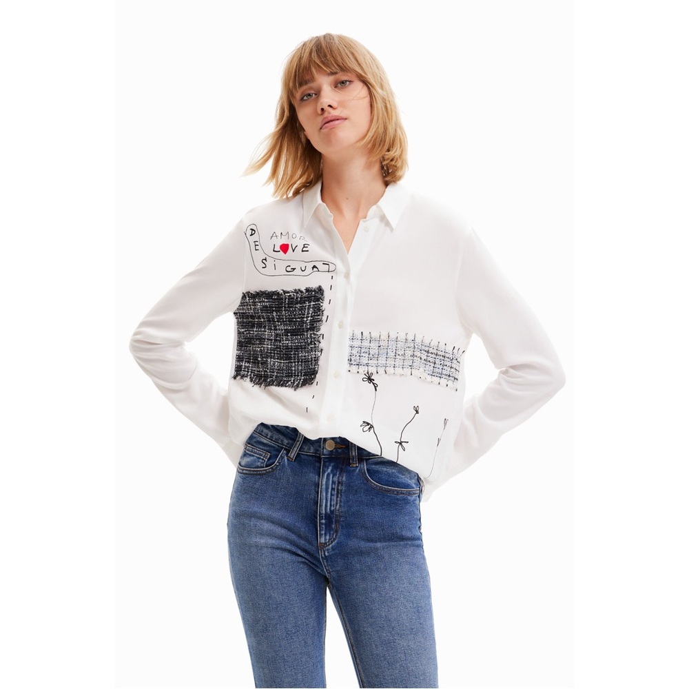 Desigual Chicago White Button Down Shirt - Abstract Tweed Patchwork Blouse